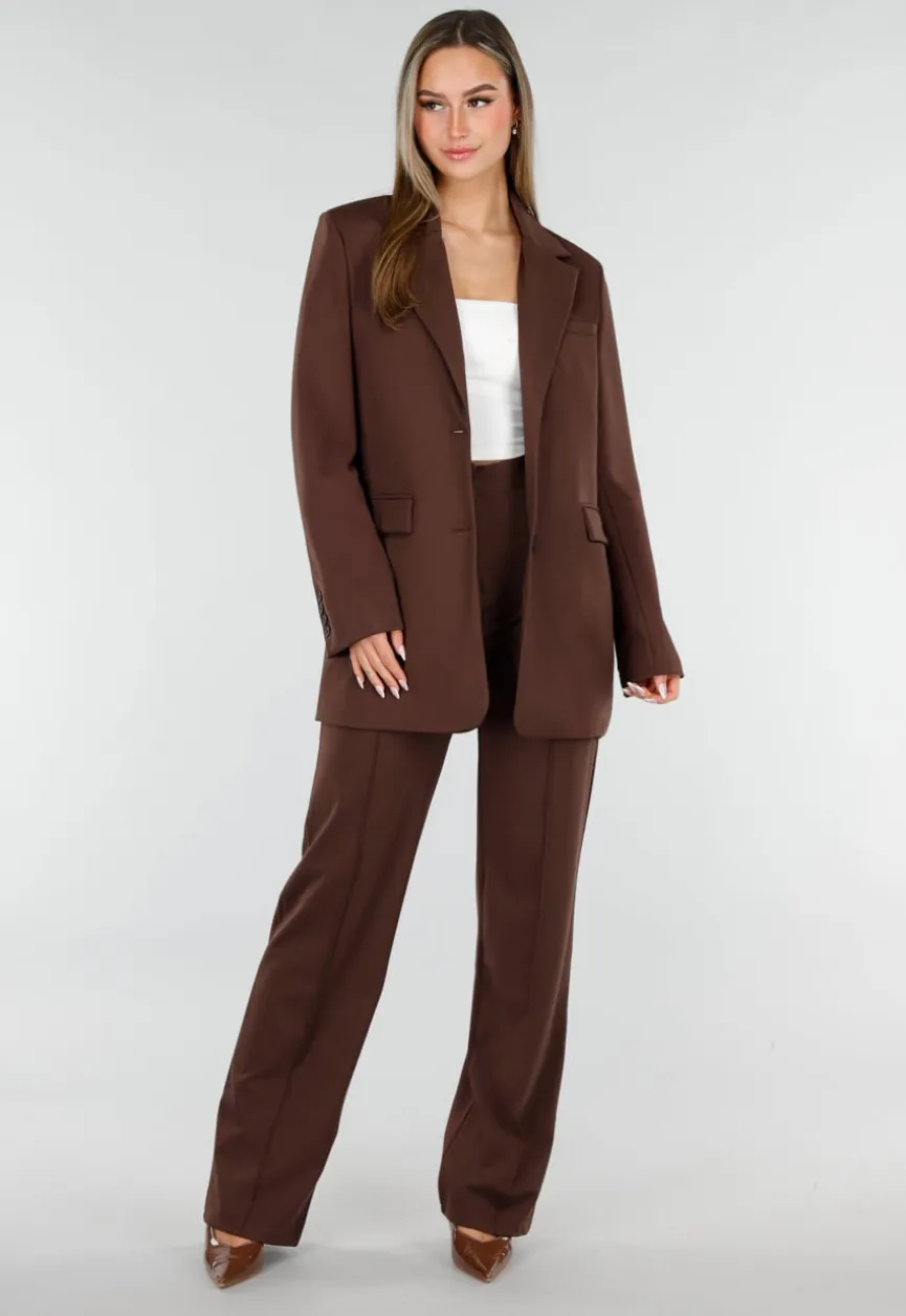 Bruine Oversized Stretch Blazer met Schoudervullingen