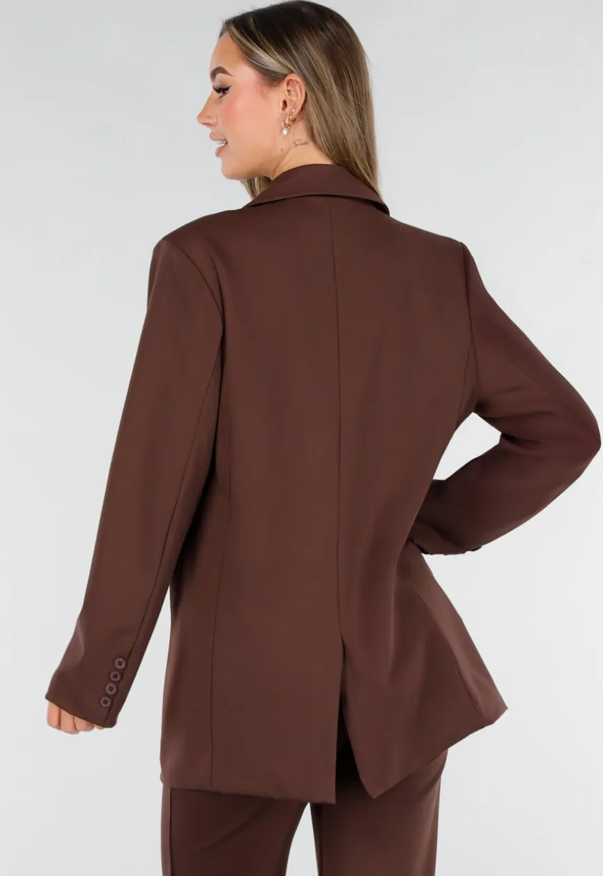 Bruine Oversized Stretch Blazer met Schoudervullingen