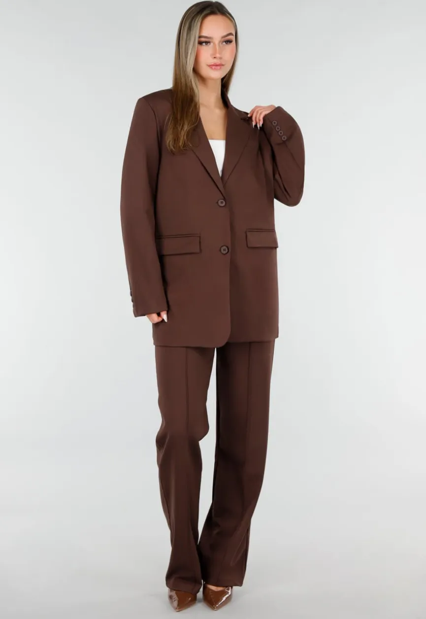 Bruine Oversized Stretch Blazer met Schoudervullingen