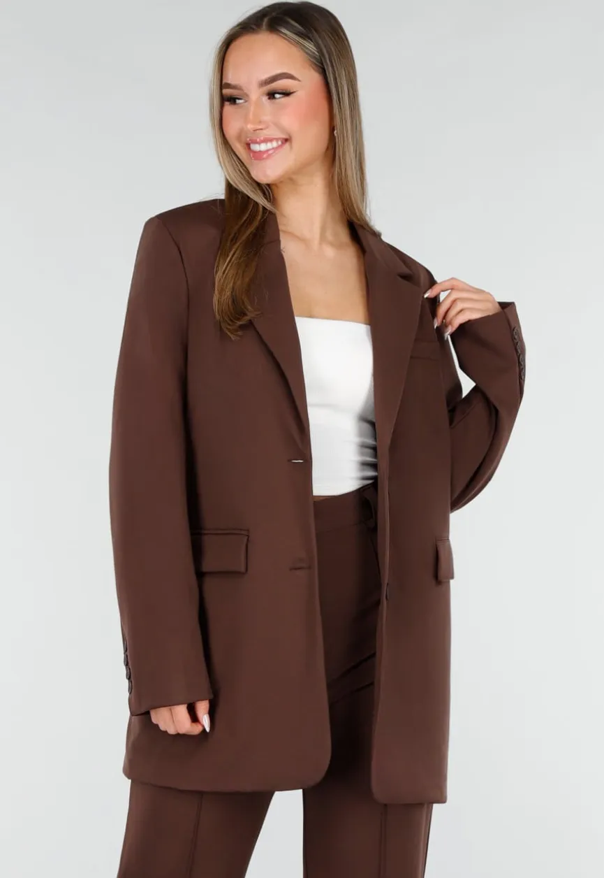 Bruine Oversized Stretch Blazer met Schoudervullingen