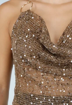 Bruine Pailletten Halter Top met Gouden Ringdetails