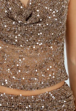 Bruine Pailletten Set met Halter Top En Mini Skort