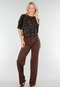 Bruine Pailletten Top met Korte Mouwen en Stretch