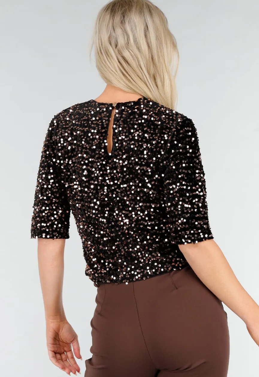 Bruine Pailletten Top met Korte Mouwen en Stretch