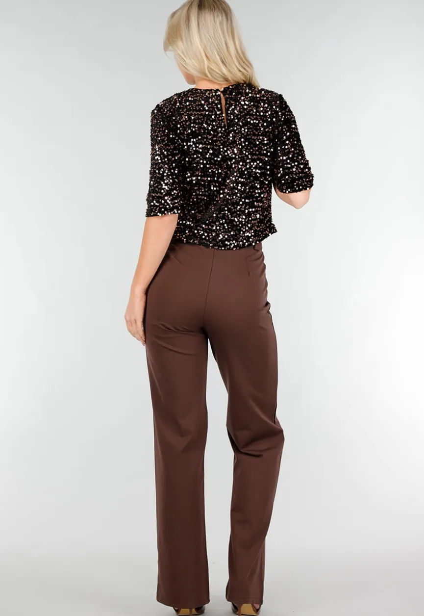 Bruine Pailletten Top met Korte Mouwen en Stretch