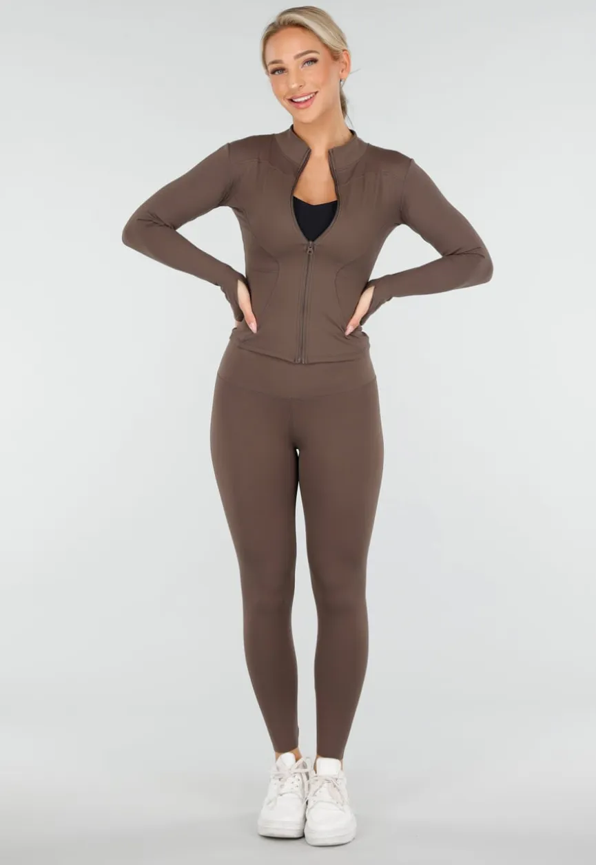 Bruine 2-Piece met Strakke Legging en Rits Vestje