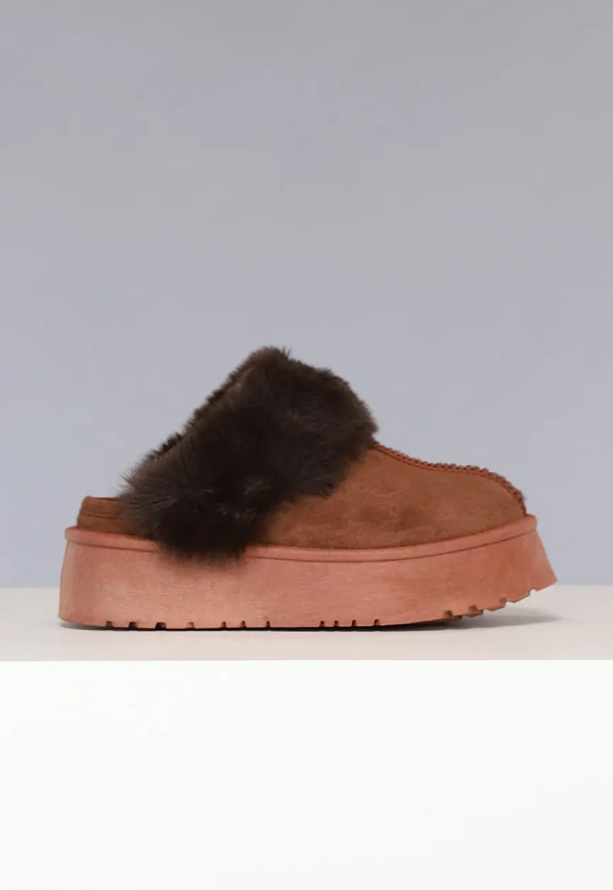 Bruine Plateau Pantoffels met Imitatiebont