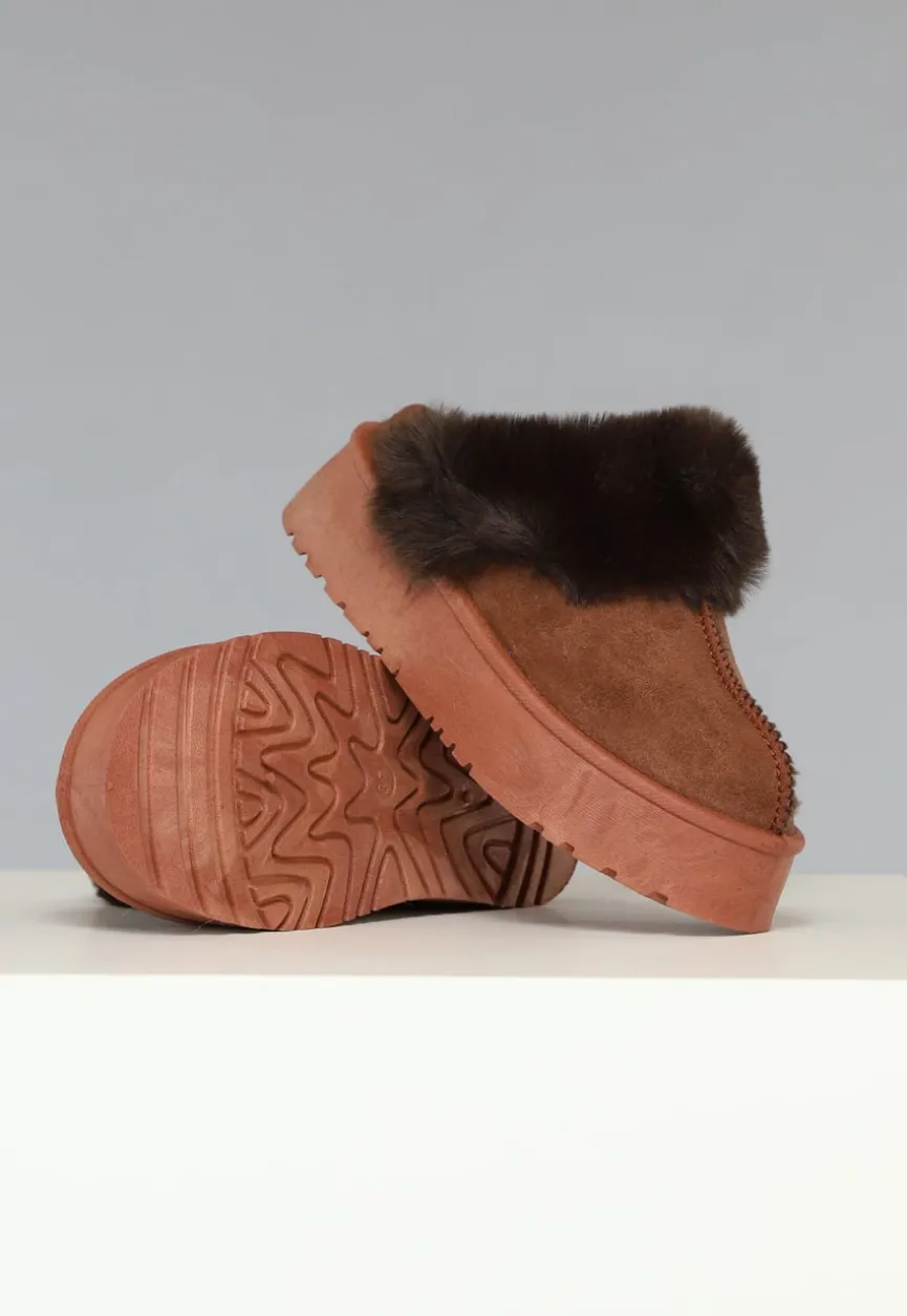 Bruine Plateau Pantoffels met Imitatiebont