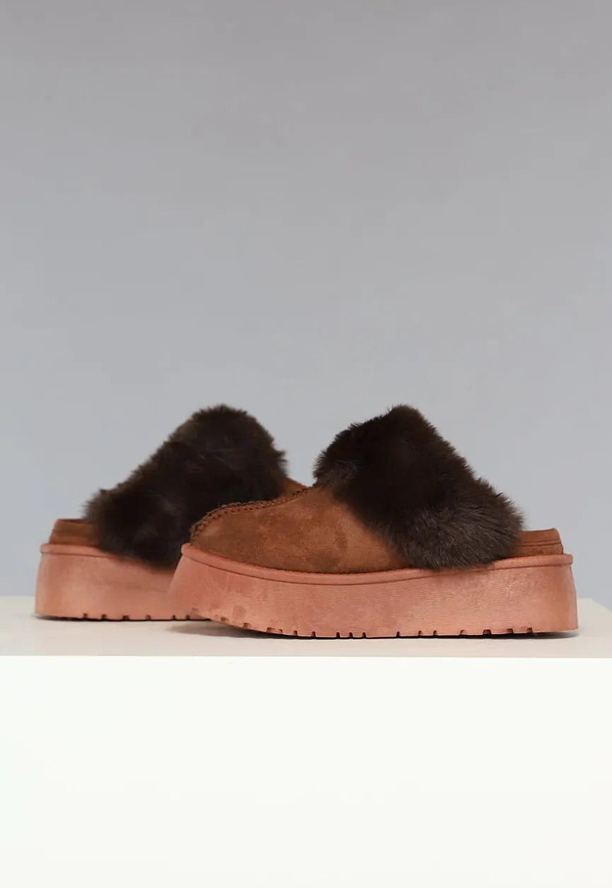 Bruine Plateau Pantoffels met Imitatiebont