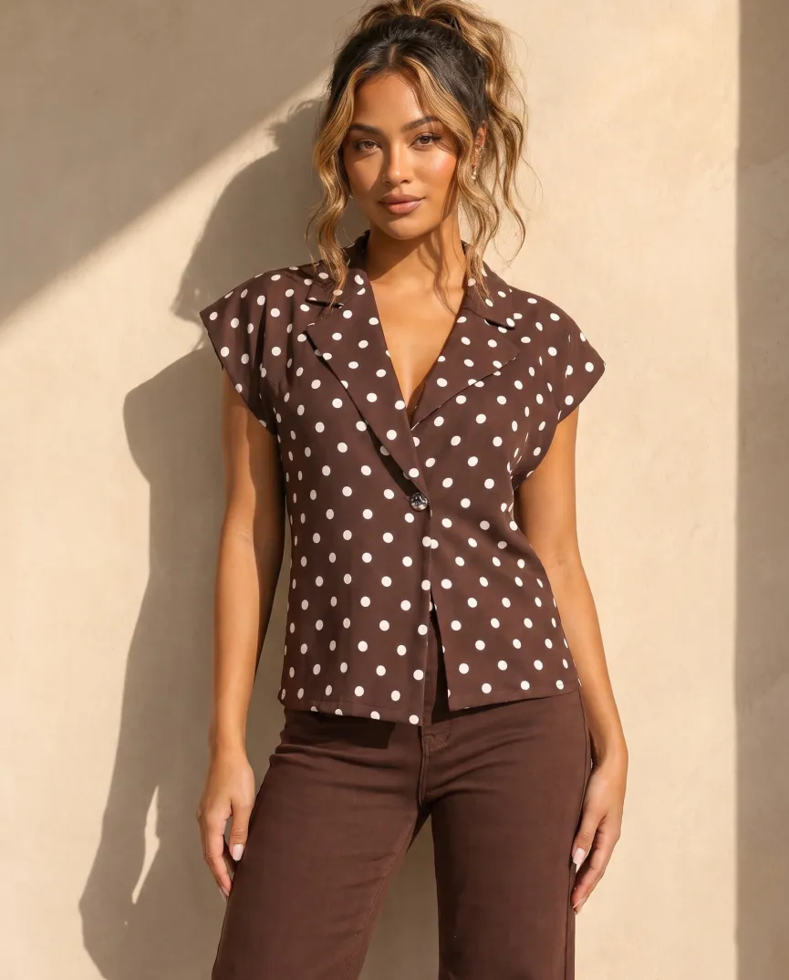 Bruine Polkadot Blazer Top met Schoudervulling