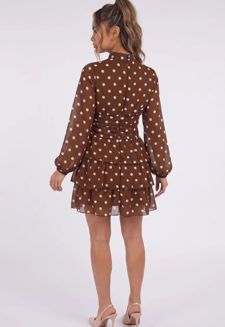Bruine Polkadot Mini Jurk met Lange Mouwen en Hoge Hals