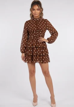 Bruine Polkadot Mini Jurk met Lange Mouwen en Hoge Hals