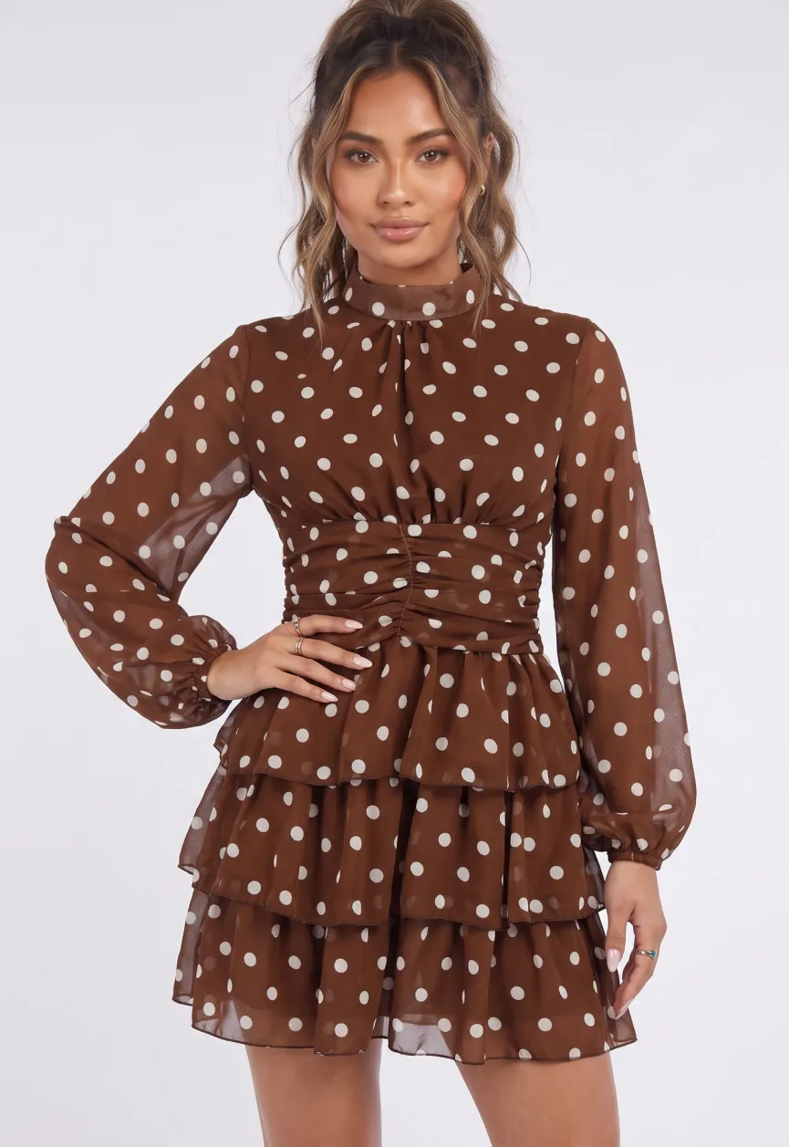 Bruine Polkadot Mini Jurk met Lange Mouwen en Hoge Hals