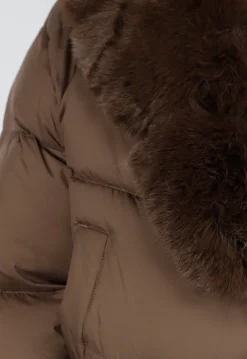 Bruine Pufferjas met Brede Bontkraag en Elastische Zoom