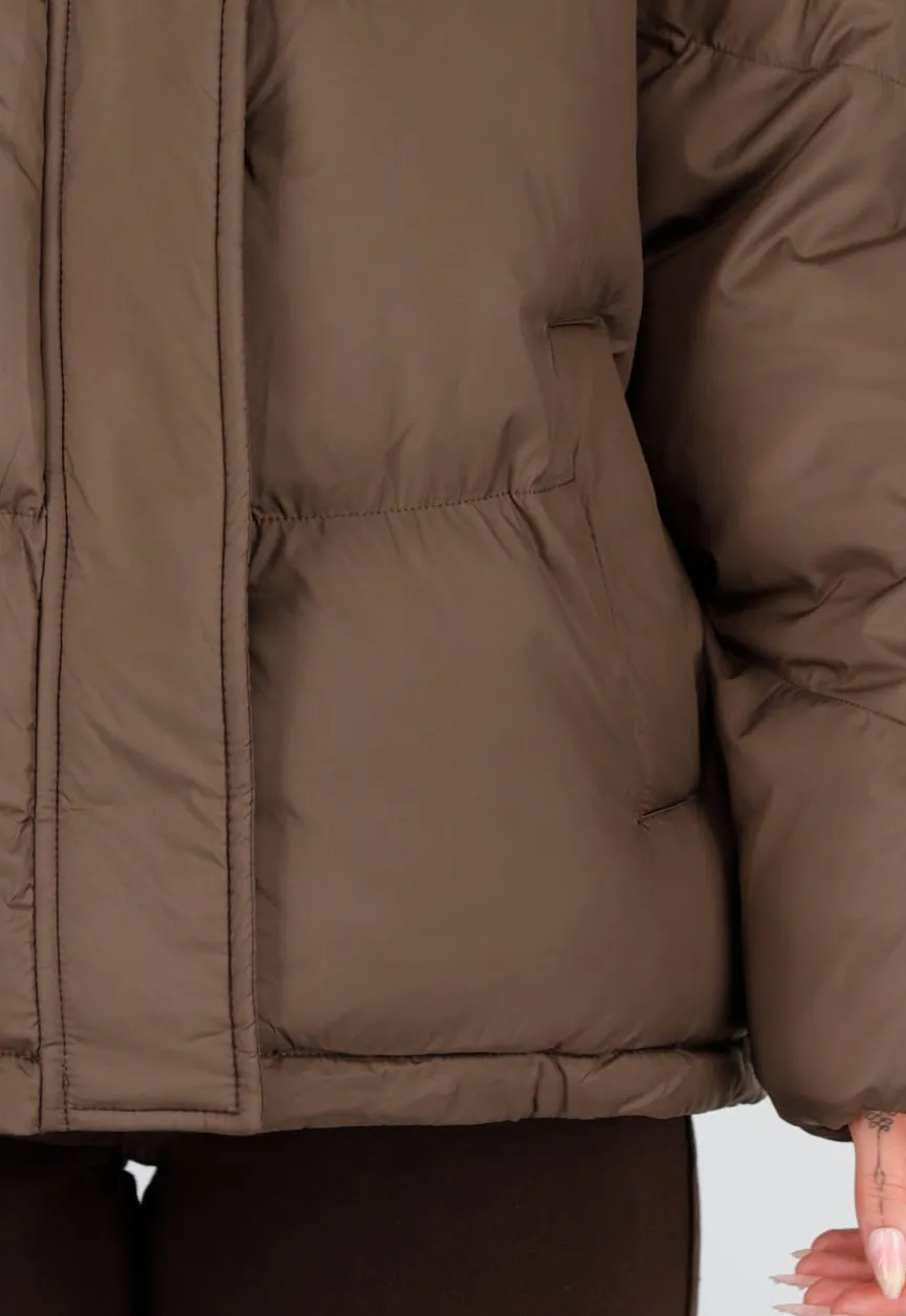 Bruine Puffer Jas met Hoge Kraag en Capuchon