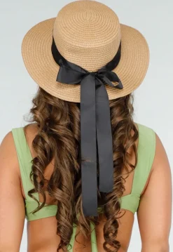 Bruine Raffia Strandhoed met Zwarte Strik