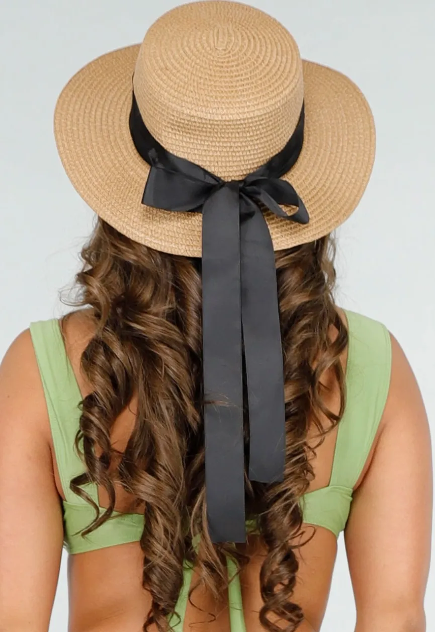 Bruine Raffia Strandhoed met Zwarte Strik