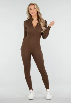 Bruine Rib Jumpsuit Met Lange Mouwen en Ritssluiting