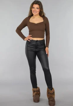 Bruine Ribstof Top met Scrunch Hals