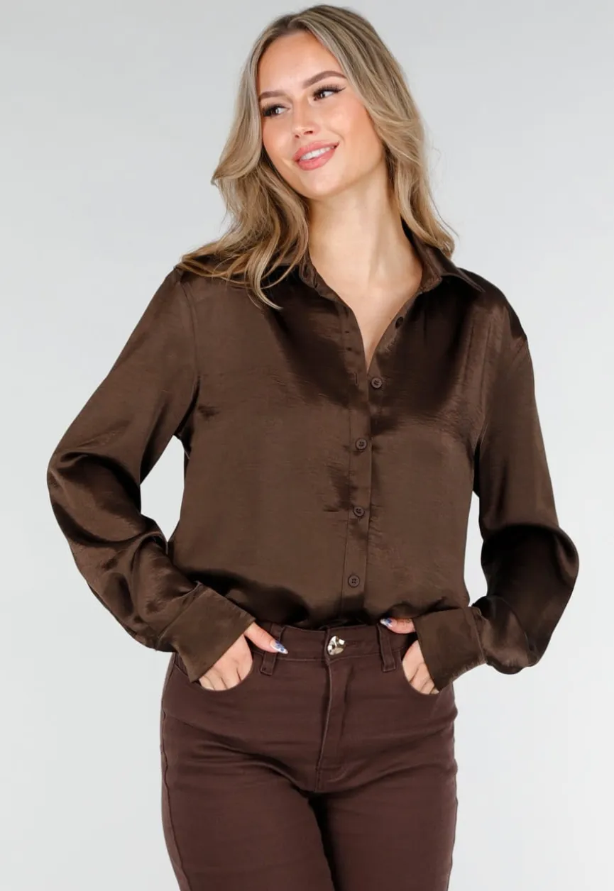 Bruine Satijnen Blouse met Lange Mouwen en Knoopsluiting