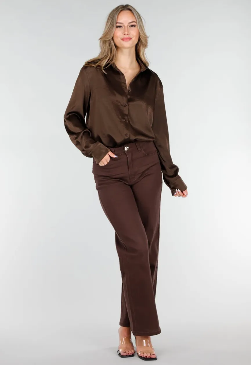 Bruine Satijnen Blouse met Lange Mouwen en Knoopsluiting