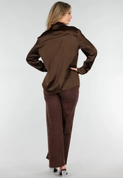 Bruine Satijnen Blouse met Lange Mouwen en Knoopsluiting