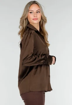 Bruine Satijnen Blouse met Lange Mouwen en Knoopsluiting