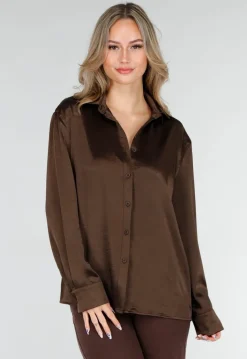 Bruine Satijnen Blouse met Lange Mouwen en Knoopsluiting