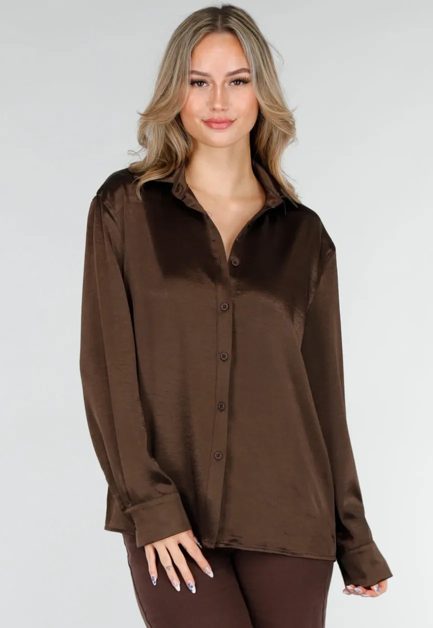 Bruine Satijnen Blouse met Lange Mouwen en Knoopsluiting