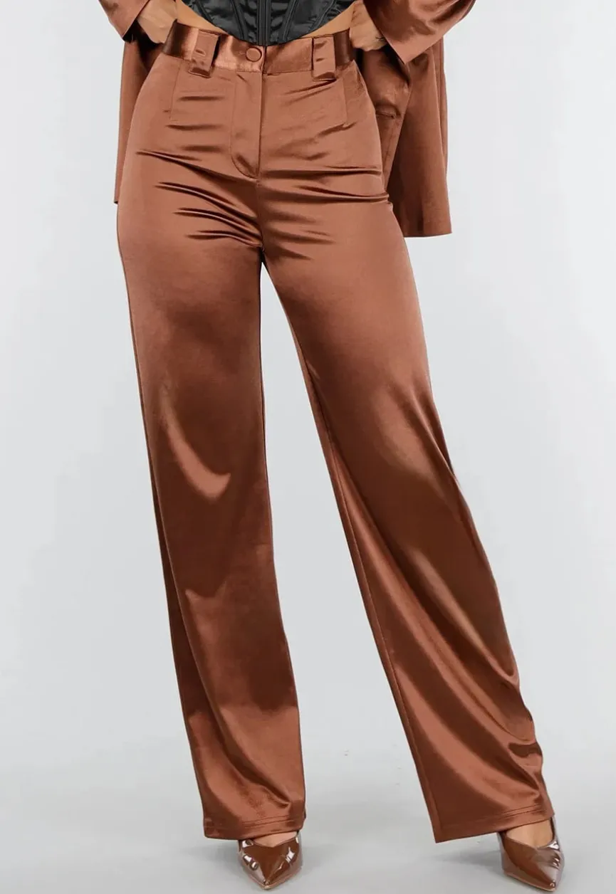 Bruine Satijnen Pantalon met Hoge Taille