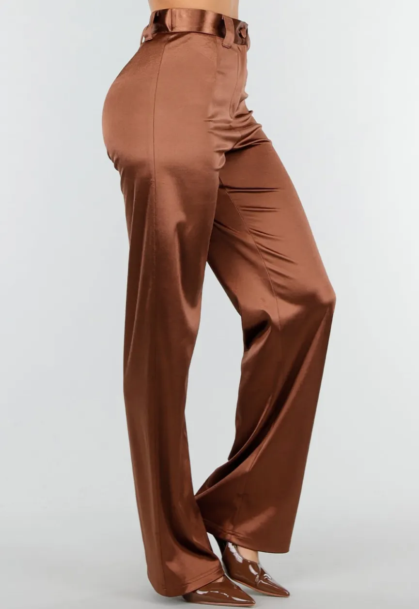 Bruine Satijnen Pantalon met Hoge Taille