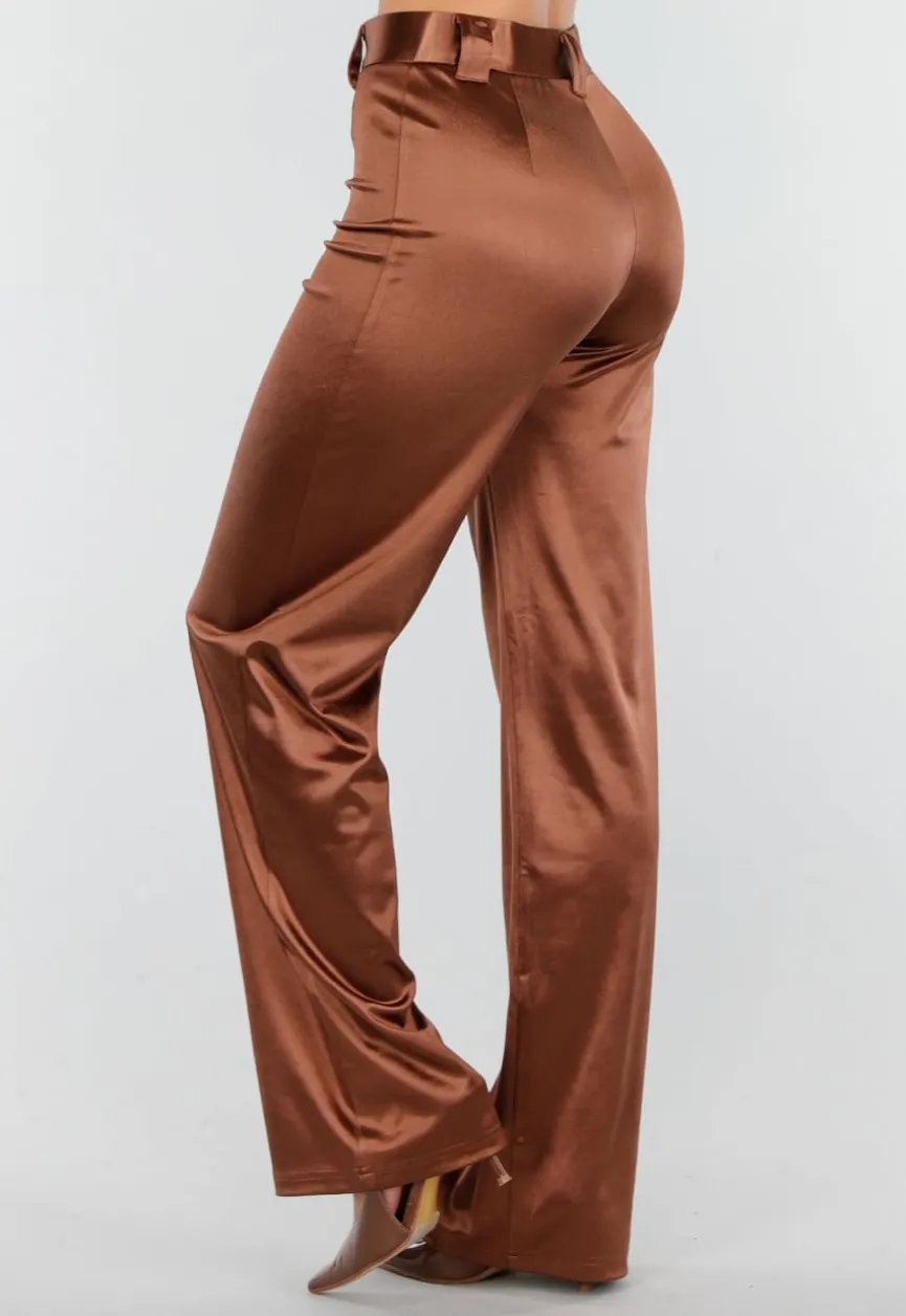 Bruine Satijnen Pantalon met Hoge Taille