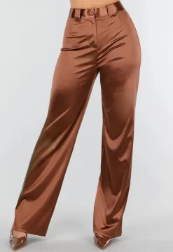 Bruine Satijnen Pantalon met Hoge Taille