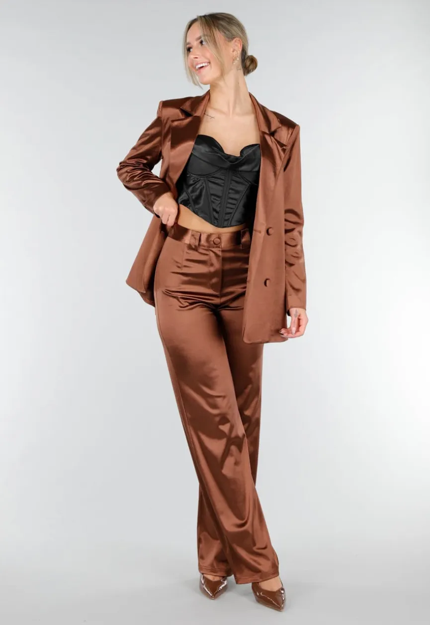 Bruine Satijnen Pantalon met Hoge Taille