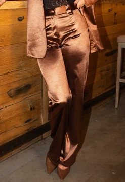 Bruine Satijnen Pantalon met Hoge Taille