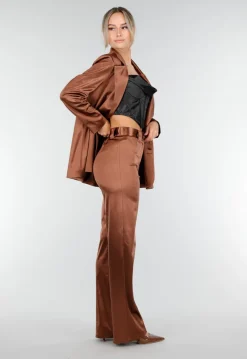 Bruine Satijnen Pantalon met Hoge Taille