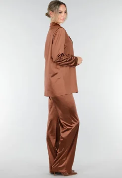 Bruine Satijnlook Blazer met Licht Getailleerde Pasvorm en Dubbele Knopen