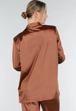 Bruine Satijnlook Blazer met Licht Getailleerde Pasvorm en Dubbele Knopen