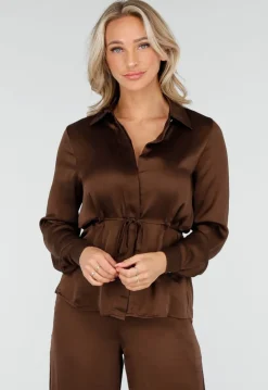 Bruine Satijnlook Set met Blouse en Wide Leg Broek