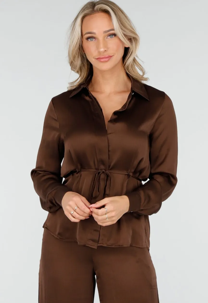 Bruine Satijnlook Set met Blouse en Wide Leg Broek