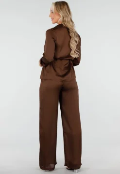 Bruine Satijnlook Set met Blouse en Wide Leg Broek