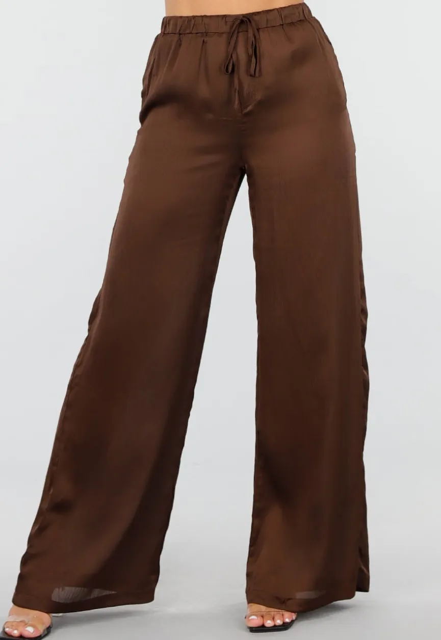 Bruine Satijnlook Set met Blouse en Wide Leg Broek