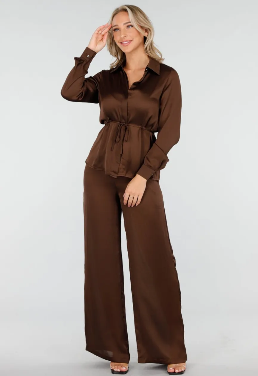 Bruine Satijnlook Set met Blouse en Wide Leg Broek