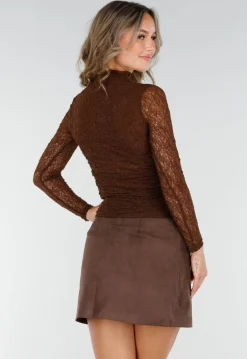 Bruine See Through Kanten Top met Gedrappeerd Effect