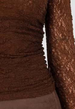 Bruine See Through Kanten Top met Gedrappeerd Effect