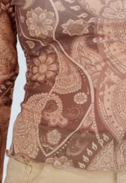 Bruine Semi-Transparante Mesh Top met Paisley Print