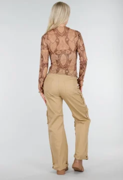 Bruine Semi-Transparante Mesh Top met Paisley Print
