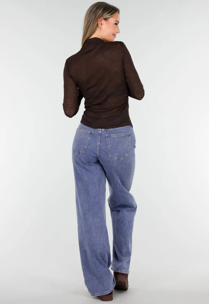 Bruine Semi Transparante Mesh Top met Lange Mouwen