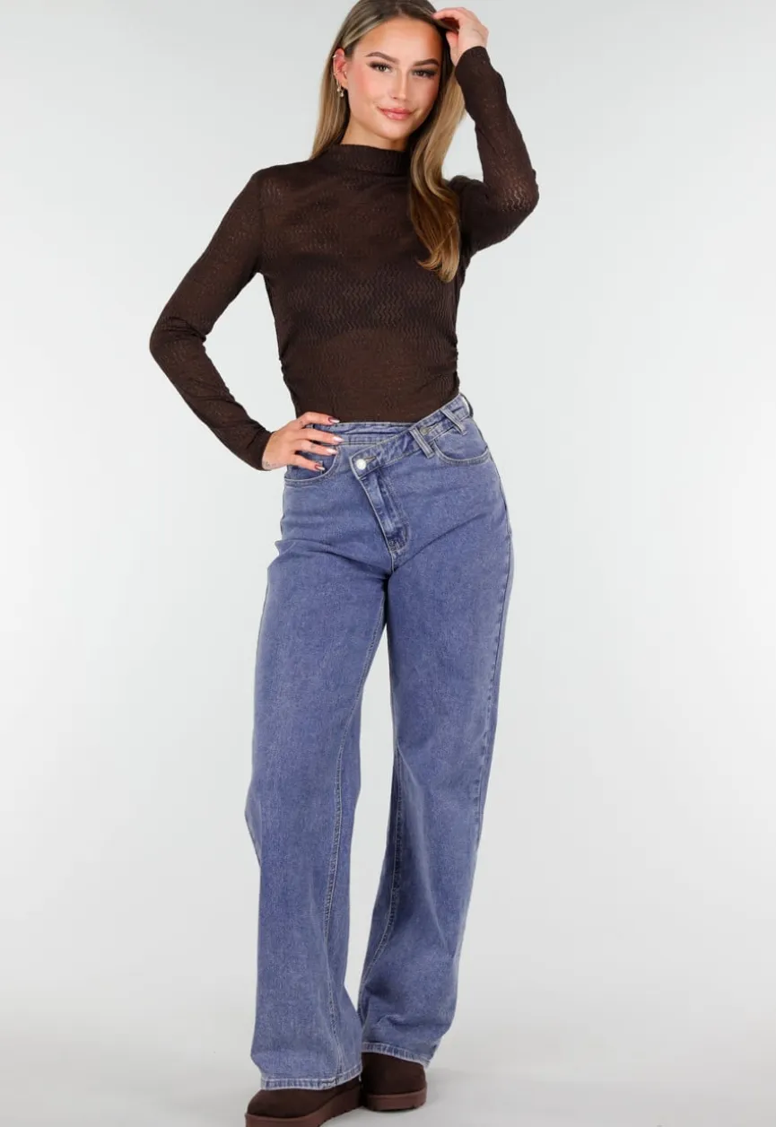 Bruine Semi Transparante Mesh Top met Lange Mouwen