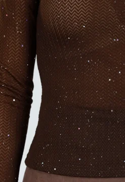 Bruine Semi-Transparante Top met Lange Mouwen en Glitterdetails